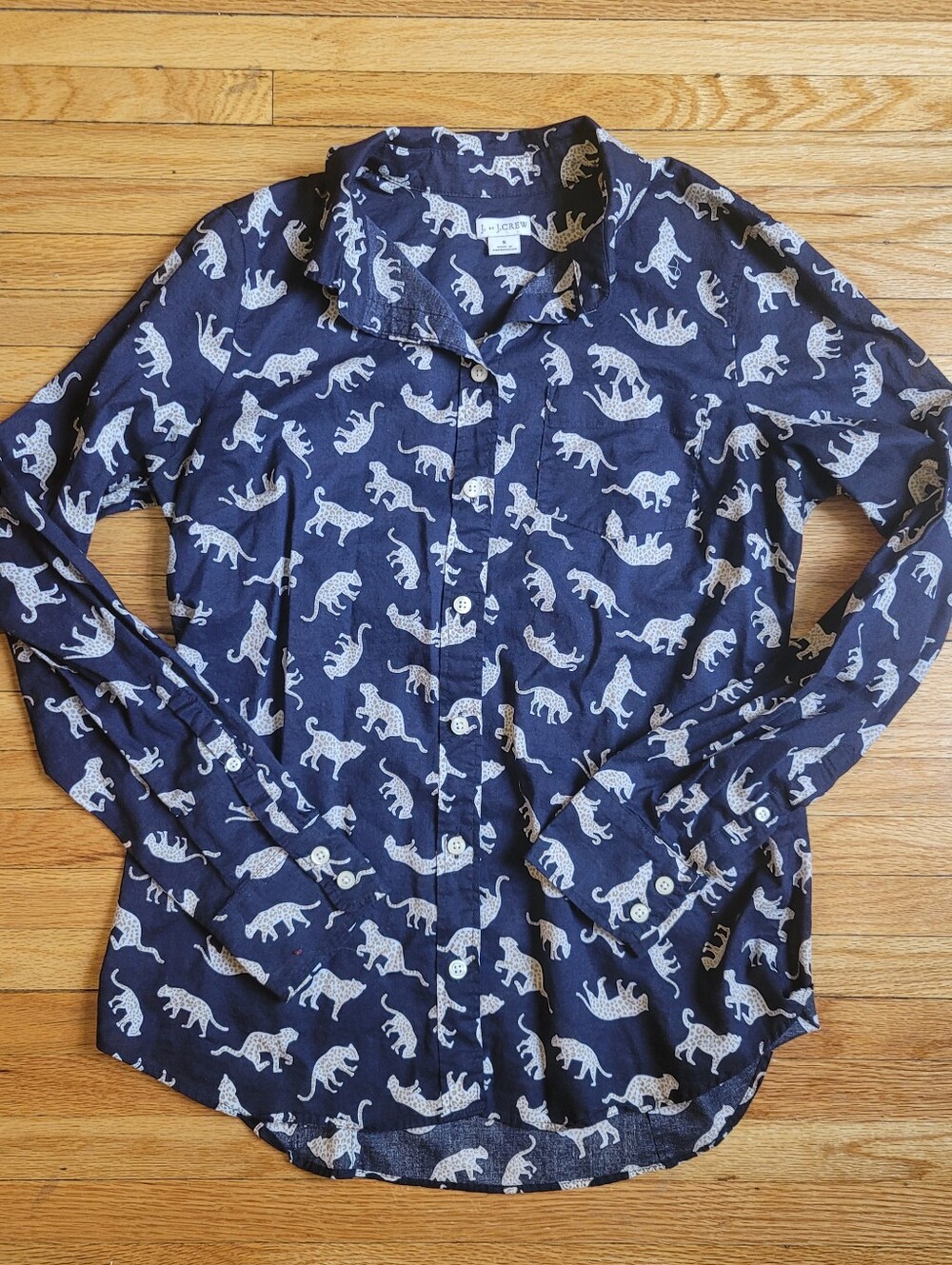 J By J.Crew Navy Blue Leopard Cheetah Print Button-Up Shirt 100% Cotton Small